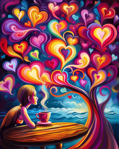 A vibrant paint-by-numbers kit titled 'Tranquil Heart Waves - Meditation' from miicreative. The image showcases a woman sipping coffee at a wooden table with colorful, swirling heart patterns emanating from it, capturing mindfulness and creativity.