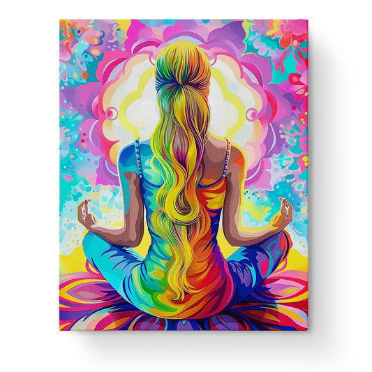 Tranquil Reflection - Meditation paint by numbers kit by miicreative. Features a vivid, colorful depiction of a woman meditating, emphasizing mindfulness and creativity in bright hues. Perfect for a calming artistic experience.