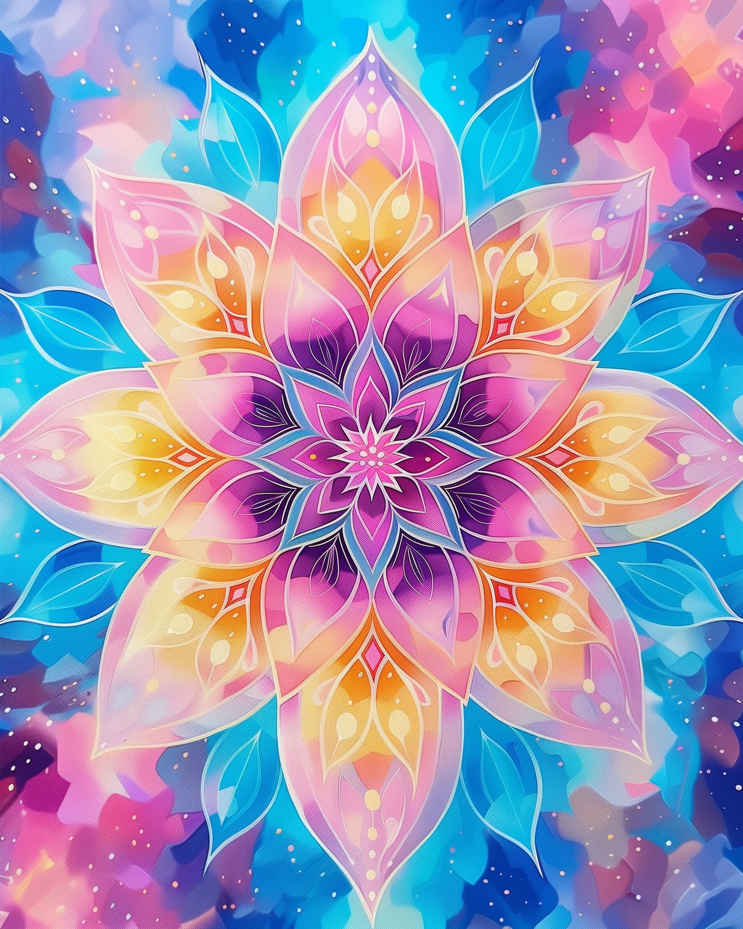 Colorful Mystic Mandala design in the miicreative paint-by-numbers kit. Features vibrant hues of pink, orange, and blue, ideal for meditation and creativity.