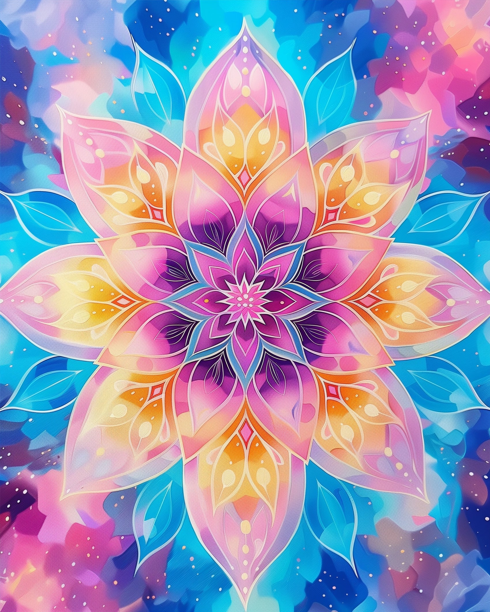 Colorful Mystic Mandala design in the miicreative paint-by-numbers kit. Features vibrant hues of pink, orange, and blue, ideal for meditation and creativity.