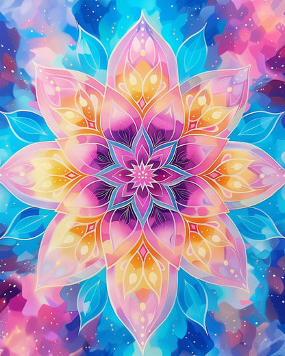 Colorful Mystic Mandala design in the miicreative paint-by-numbers kit. Features vibrant hues of pink, orange, and blue, ideal for meditation and creativity.