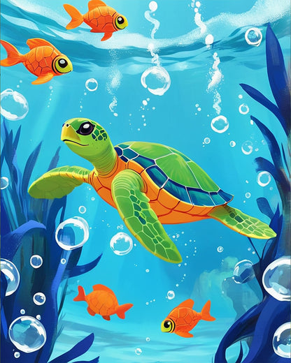 miicreative's Underwater Turtle Adventure - Kids. A green turtle surrounded by colorful fish, promoting stress relief and creative exploration.