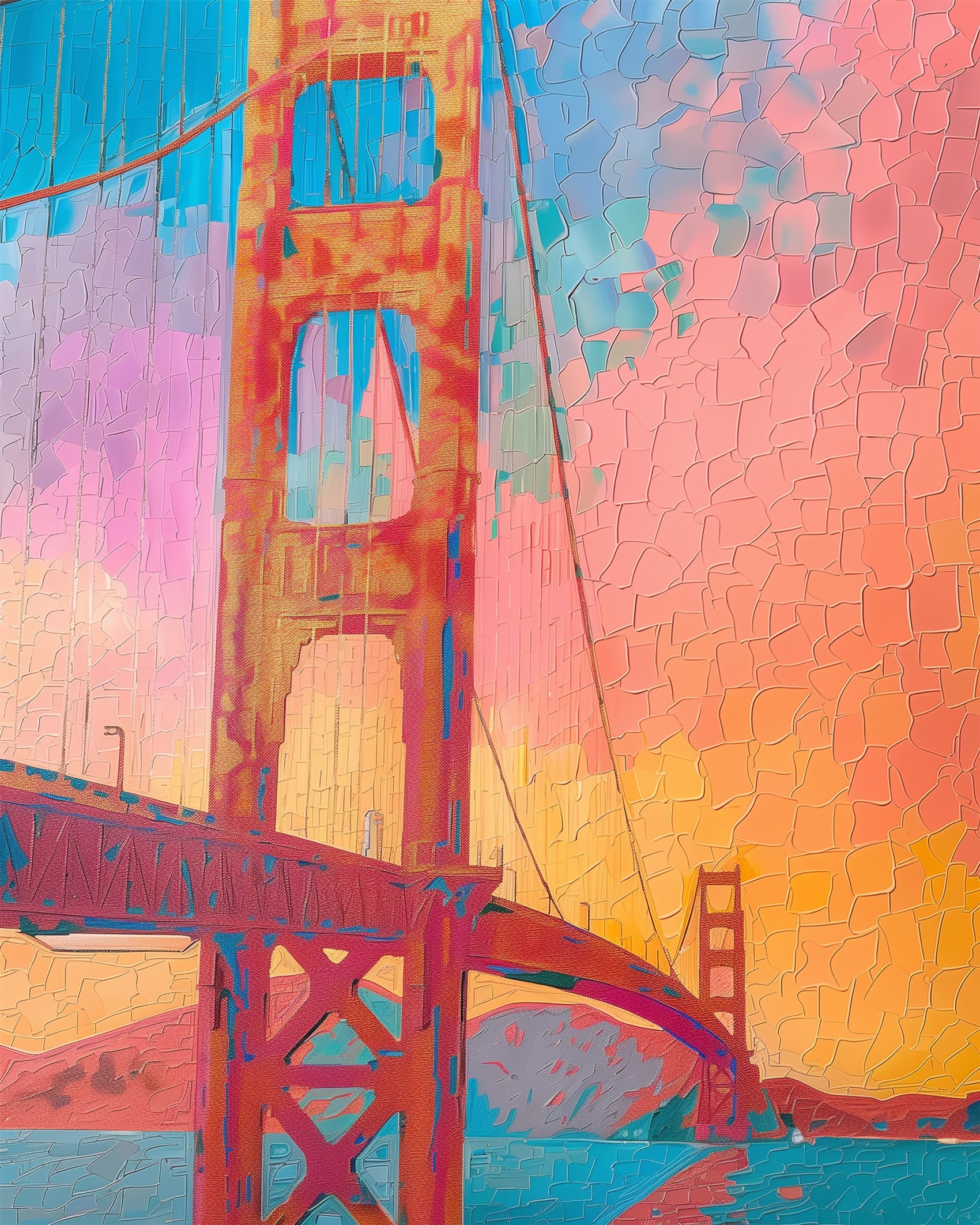 A vibrant paint-by-numbers kit of the Golden Gate Bridge at sunset, featuring warm hues and a serene sky, from miicreative. Perfect for mindfulness and creativity.