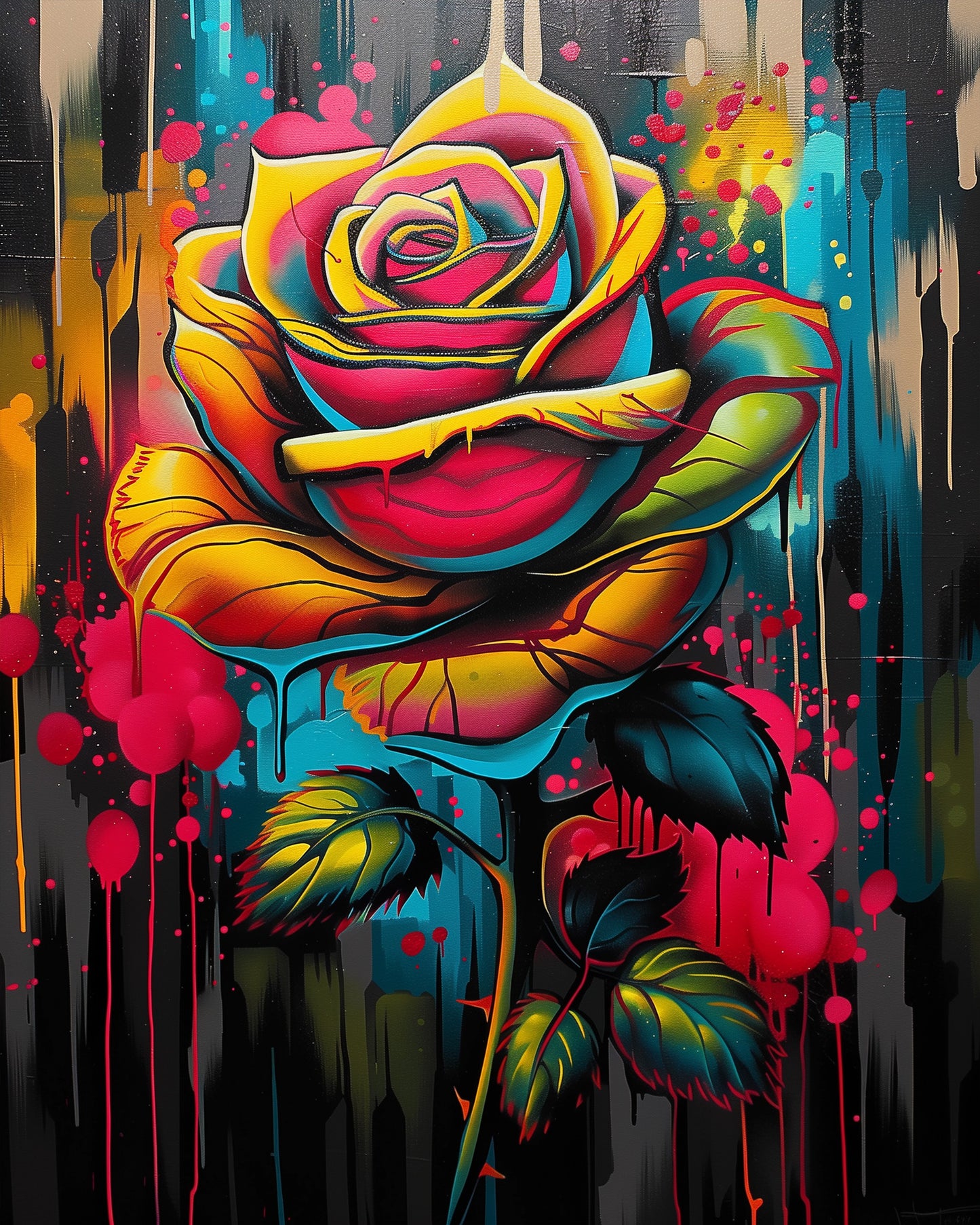 Vibrant rose bloom with bold colors and dripping effect, paint by numbers kit from miicreative. Emphasizes mindfulness and creativity through stunning visual elements.