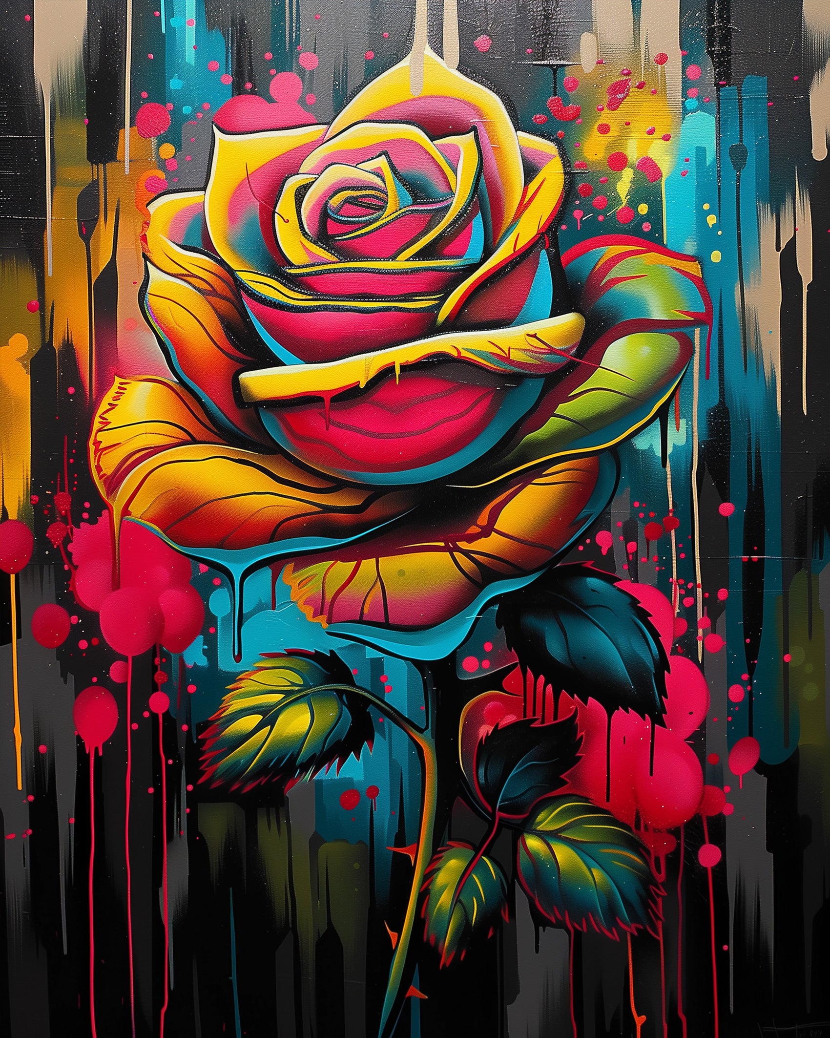 Vibrant rose bloom with bold colors and dripping effect, paint by numbers kit from miicreative. Emphasizes mindfulness and creativity through stunning visual elements.