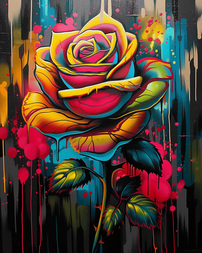 Vibrant rose bloom with bold colors and dripping effect, paint by numbers kit from miicreative. Emphasizes mindfulness and creativity through stunning visual elements.