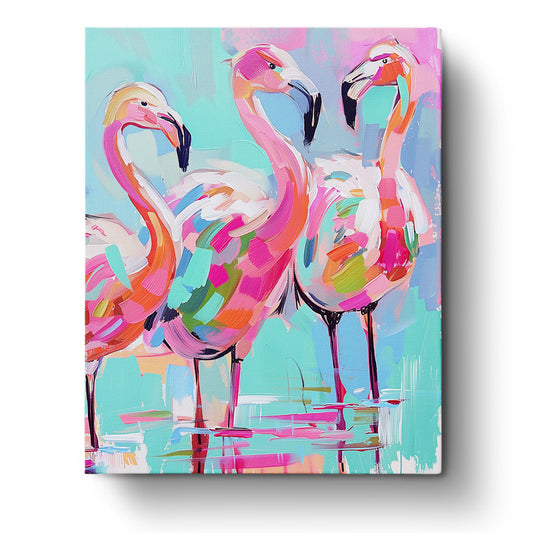 Radiant Flamingos - Abstract Animals by miicreative. Vibrant pink and turquoise strokes depict flamingos, offering a meditative and creative paint by numbers experience.