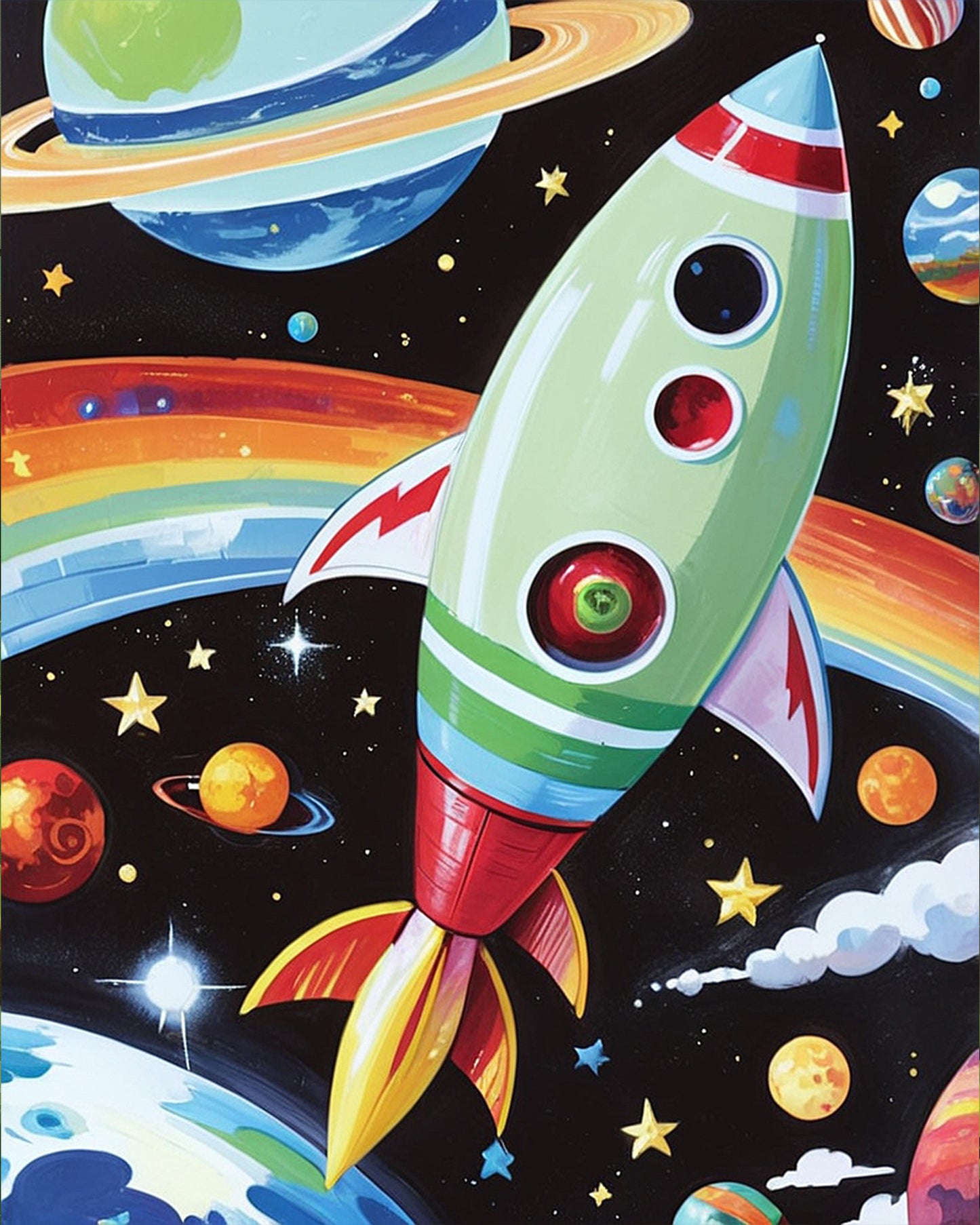 Colorful scene of a rocket soaring through space with planets and stars. Space Adventure Rocket - Kids by miicreative. Perfect for mindfulness and creativity.