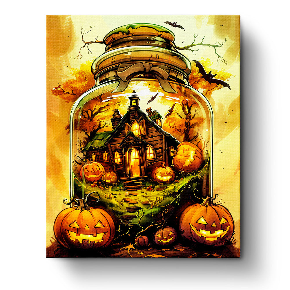 Vibrant illustration of a Haunted House Jar featuring glowing pumpkins and autumn trees, highlighting creativity and mindfulness. Image by miicreative.
