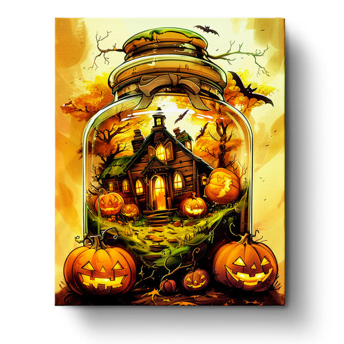 Vibrant illustration of a Haunted House Jar featuring glowing pumpkins and autumn trees, highlighting creativity and mindfulness. Image by miicreative.