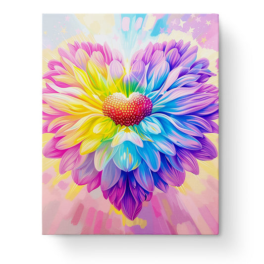Radiant Floral Heart paint by numbers kit by miicreative, featuring vibrant rainbow petals and a heart-shaped center. Emphasizes creativity and mindfulness through a colorful floral design.