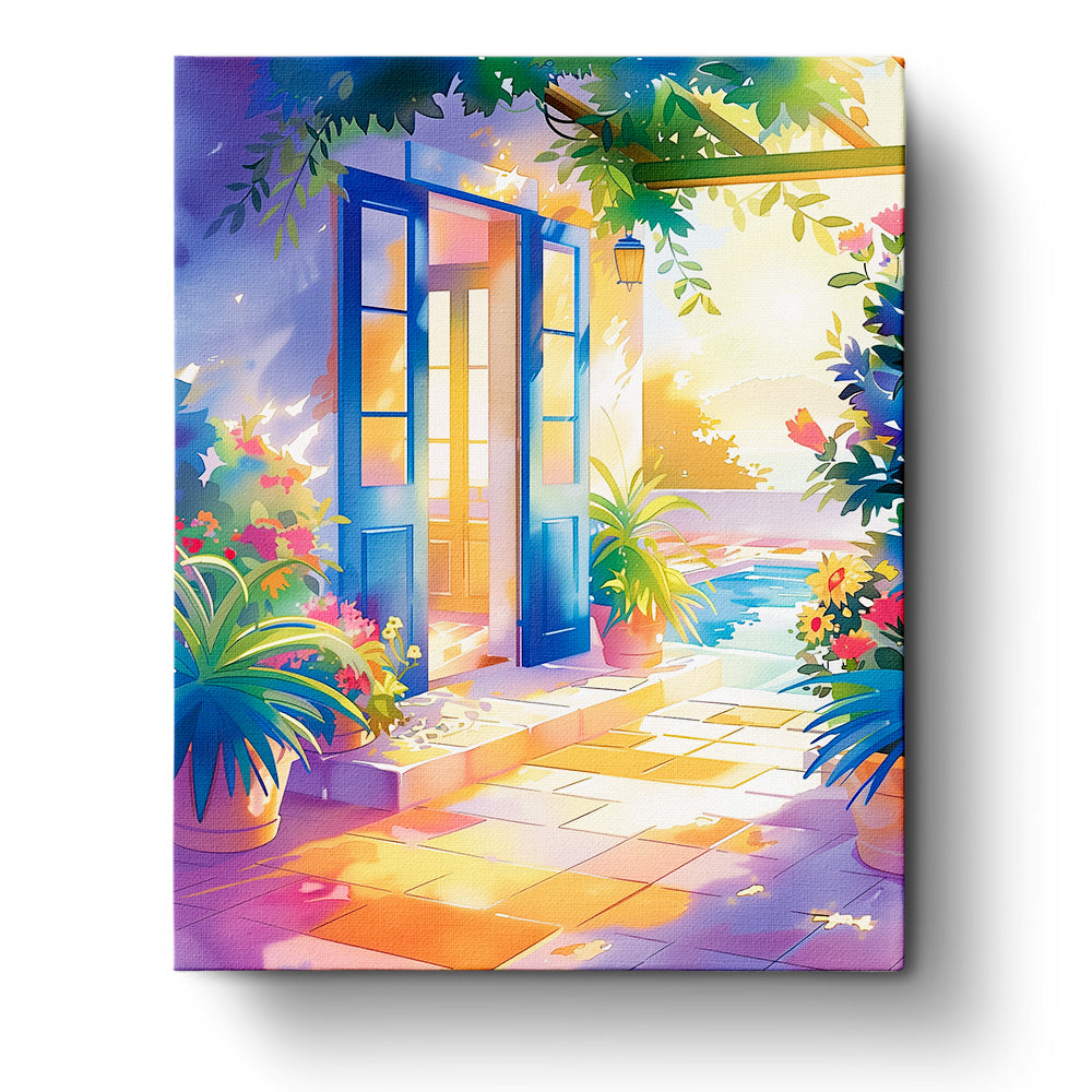 Sunlit Terrace Escape - Bohemian Vibes paint by numbers kit from miicreative. An inviting scene with vibrant plants and blue doors opening to a sunlit patio, fostering mindfulness and creativity.