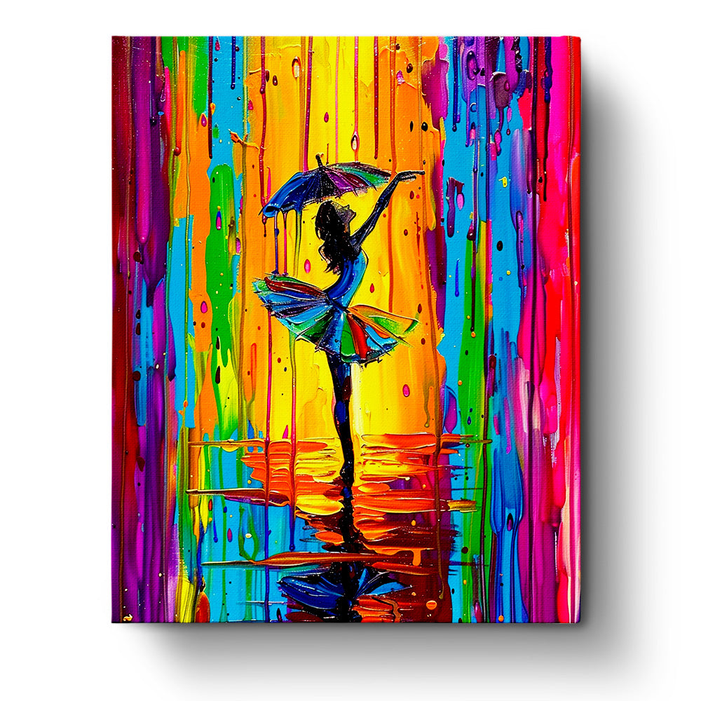 Vibrant painting of a dancer under an umbrella with rainbow hues, titled 'Rainbow Dancer - Meditation' by miicreative. The image focuses on colorful drips and silhouettes, capturing mindfulness and creativity.