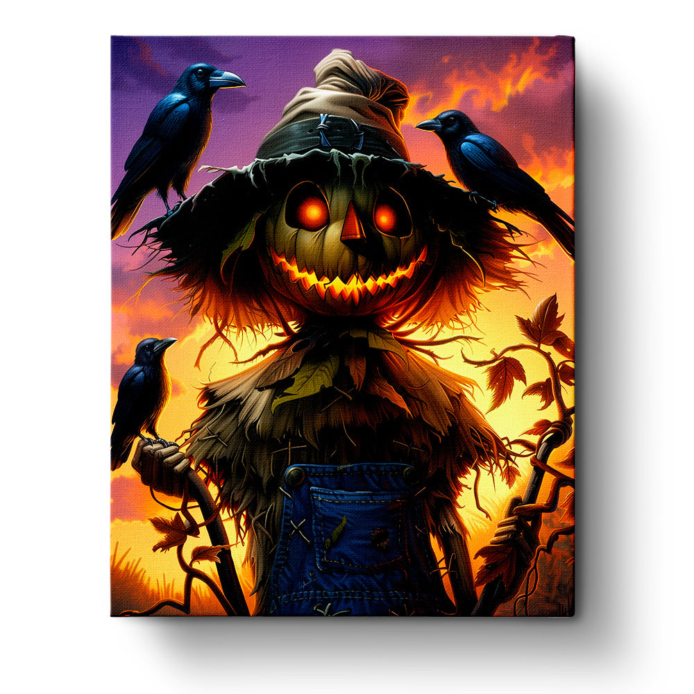 A vibrant Enchanted Scarecrow Scene painting by miicreative featuring a charming scarecrow surrounded by crows against a glowing sunset, highlighting creativity and mindfulness.