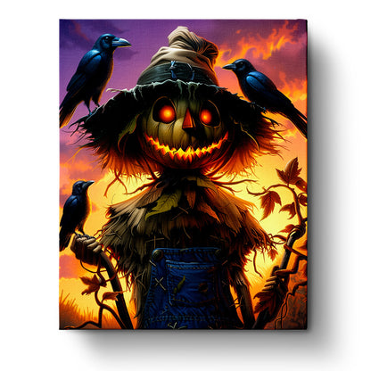 A vibrant Enchanted Scarecrow Scene painting by miicreative featuring a charming scarecrow surrounded by crows against a glowing sunset, highlighting creativity and mindfulness.