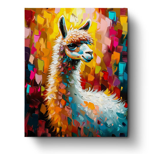 Vibrant llama in bold colors, featuring the title 'Vibrant Llama - Abstract Animals' by miicreative. This paint by numbers kit emphasizes creativity and mindfulness with its intricate brushstrokes and vivid hues.