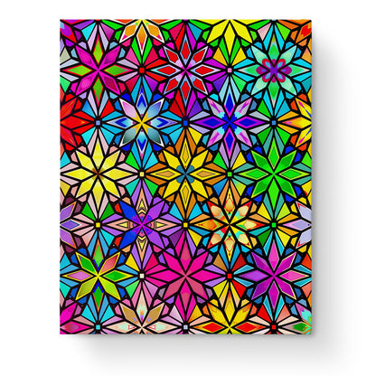 Vibrant Kaleidoscope Mandalas paint-by-numbers kit by miicreative. The image features a colorful array of geometric mandala patterns in vivid blues, greens, and reds, perfect for enhancing mindfulness and creativity.