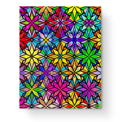 Vibrant Kaleidoscope Mandalas paint-by-numbers kit by miicreative. The image features a colorful array of geometric mandala patterns in vivid blues, greens, and reds, perfect for enhancing mindfulness and creativity.