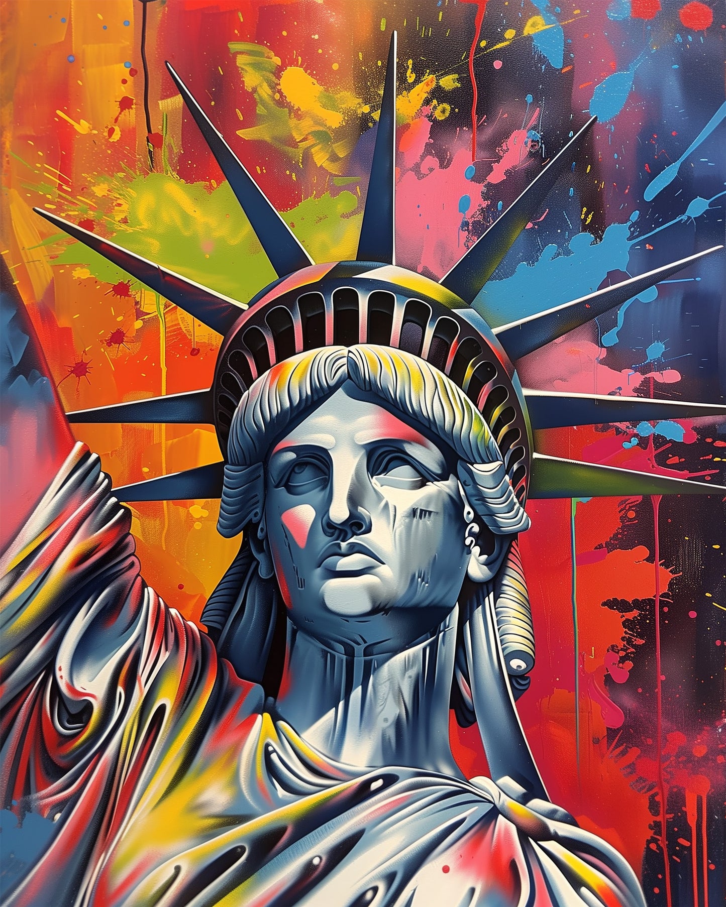 Vibrant Liberty paint by numbers kit by miicreative. Showcases a colorful depiction of the Statue of Liberty with bold reds, blues, and yellows, highlighting creativity and mindfulness.