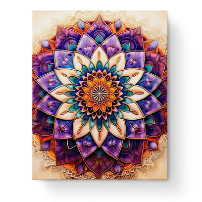 Vibrant Harmony Mandala by miicreative, featuring intricate patterns in rich purples, oranges, and teals. Perfect for mindfulness and creativity enhancement.