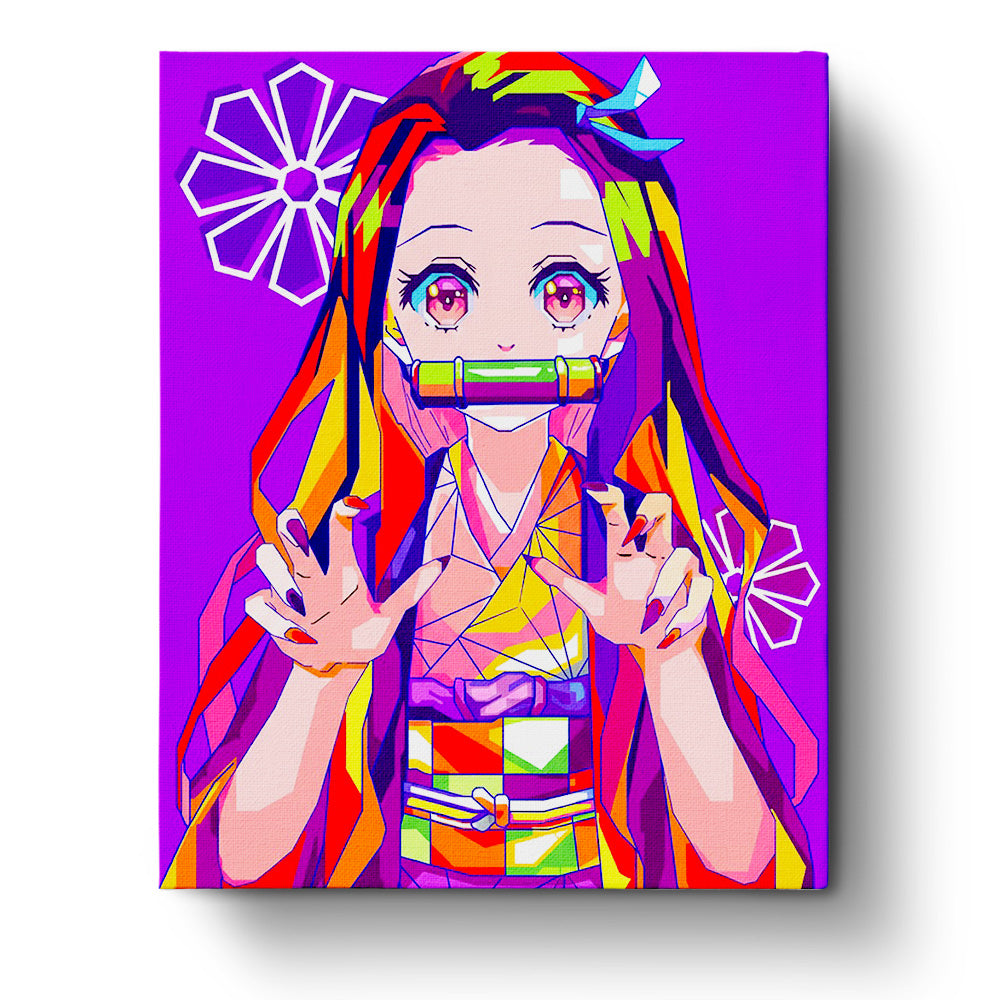 Nezuko Kamado from Demon Slayer in vibrant colors, miicreative brand, showcasing a fun and relaxing paint by numbers experience. Focus on mindfulness.