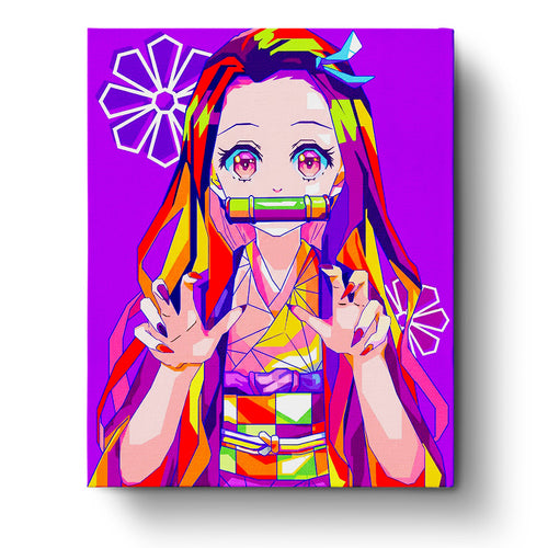 Nezuko Kamado from Demon Slayer in vibrant colors, miicreative brand, showcasing a fun and relaxing paint by numbers experience. Focus on mindfulness.