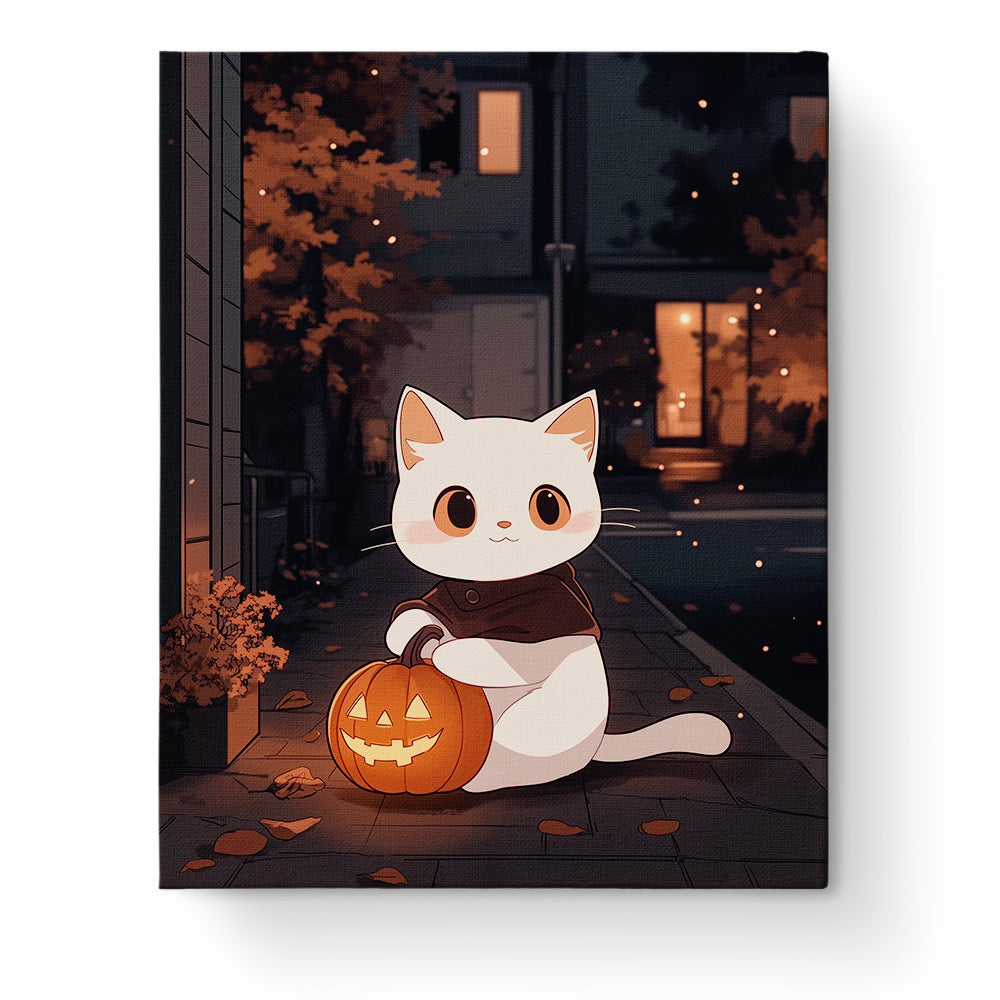 Cozy Cat with Jack-O'-Lantern paint by numbers kit by miicreative. A cute white cat holding a glowing pumpkin, set on a porch with autumn leaves. This scene evokes mindfulness and creativity.