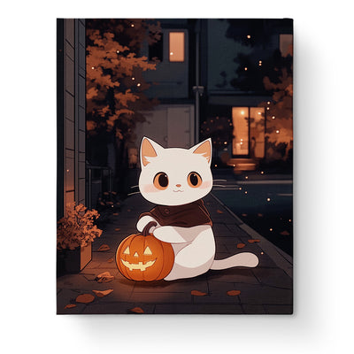 Cozy Cat with Jack-O'-Lantern paint by numbers kit by miicreative. A cute white cat holding a glowing pumpkin, set on a porch with autumn leaves. This scene evokes mindfulness and creativity.