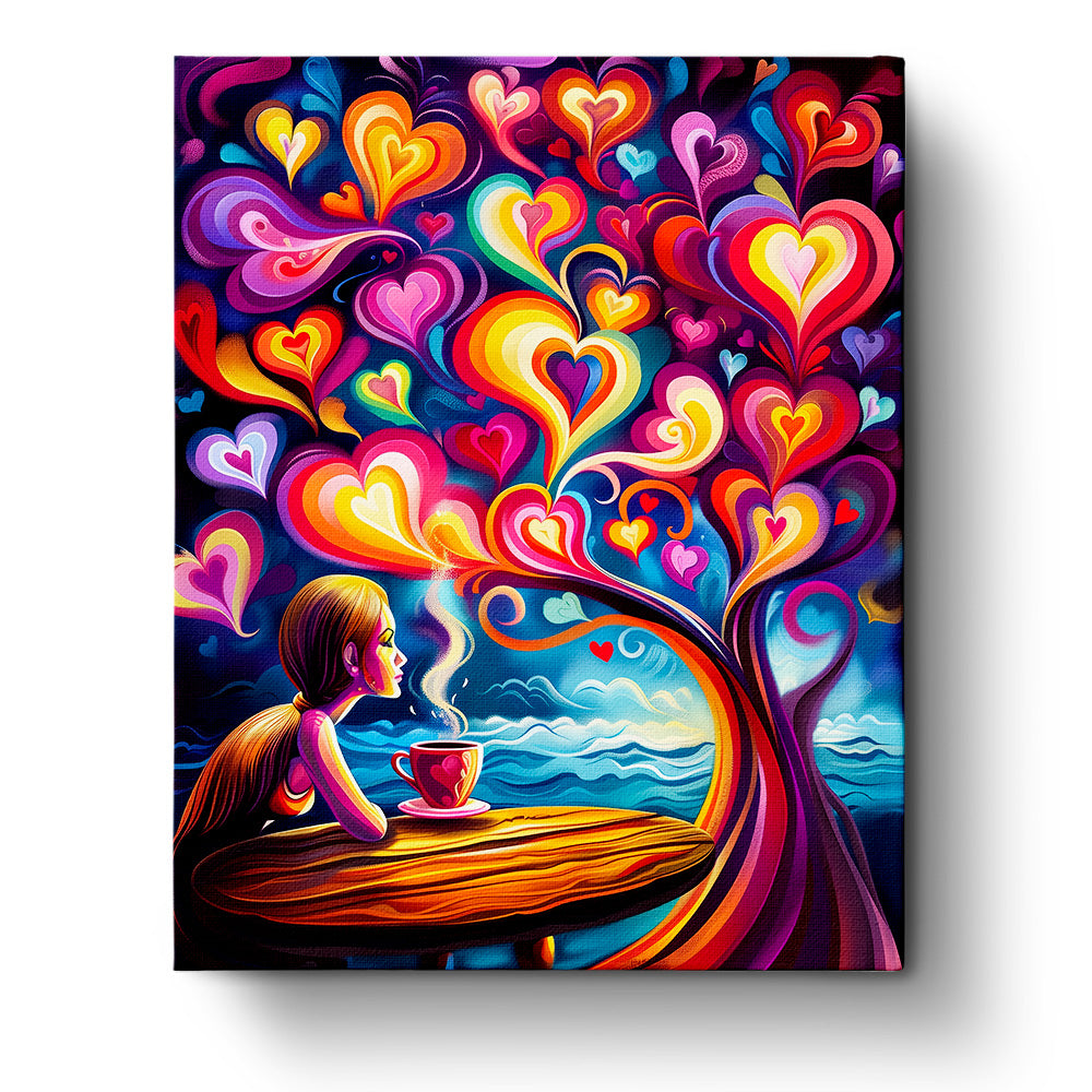 A vibrant paint-by-numbers kit titled 'Tranquil Heart Waves - Meditation' from miicreative. The image showcases a woman sipping coffee at a wooden table with colorful, swirling heart patterns emanating from it, capturing mindfulness and creativity.