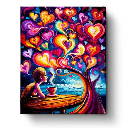A vibrant paint-by-numbers kit titled 'Tranquil Heart Waves - Meditation' from miicreative. The image showcases a woman sipping coffee at a wooden table with colorful, swirling heart patterns emanating from it, capturing mindfulness and creativity.