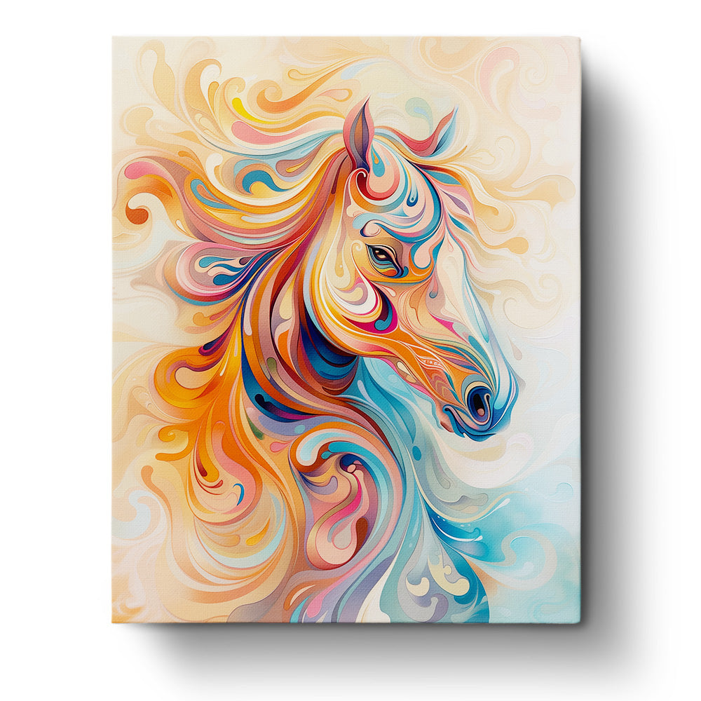 Colorful abstract depiction of a horse with swirling patterns in orange, blue, and pink hues, vibrant and dynamic, emphasizing mindfulness and creativity. miicreative's Vibrant Horse Swirls - Abstract Animals.