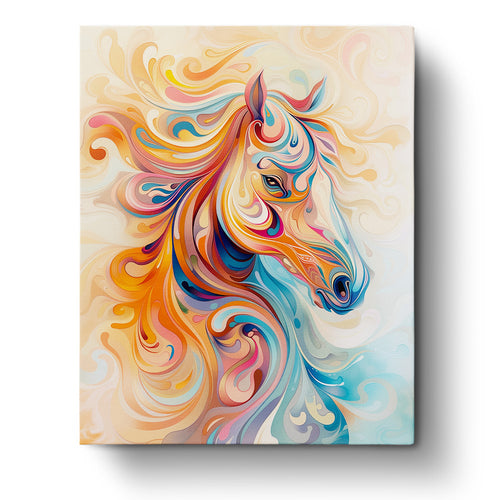 Colorful abstract depiction of a horse with swirling patterns in orange, blue, and pink hues, vibrant and dynamic, emphasizing mindfulness and creativity. miicreative's Vibrant Horse Swirls - Abstract Animals.