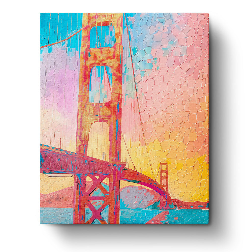 A vibrant paint-by-numbers kit of the Golden Gate Bridge at sunset, featuring warm hues and a serene sky, from miicreative. Perfect for mindfulness and creativity.