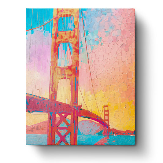 A vibrant paint-by-numbers kit of the Golden Gate Bridge at sunset, featuring warm hues and a serene sky, from miicreative. Perfect for mindfulness and creativity.
