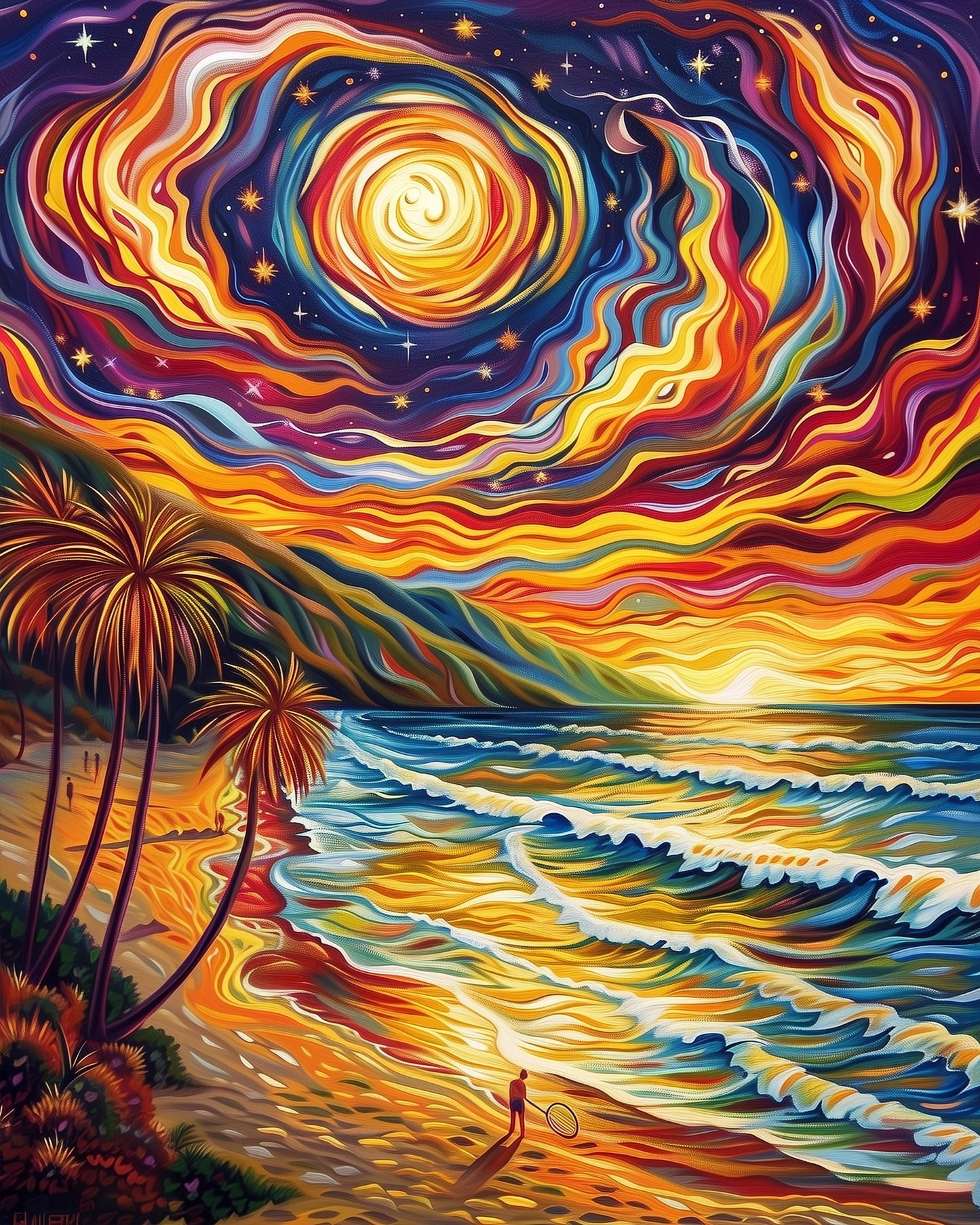 Paint by numbers fixed kit from miicreative featuring a colorful starry beachscape. Experience relaxation with every brushstroke.