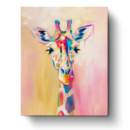 A colorful and vibrant abstract giraffe painting from miicreative. The striking colors and serene expression emphasize mindfulness and creativity, as captured in the Colorful Giraffe Portrait - Abstract Animals kit.