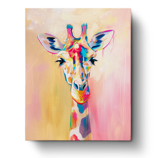 A colorful and vibrant abstract giraffe painting from miicreative. The striking colors and serene expression emphasize mindfulness and creativity, as captured in the Colorful Giraffe Portrait - Abstract Animals kit.
