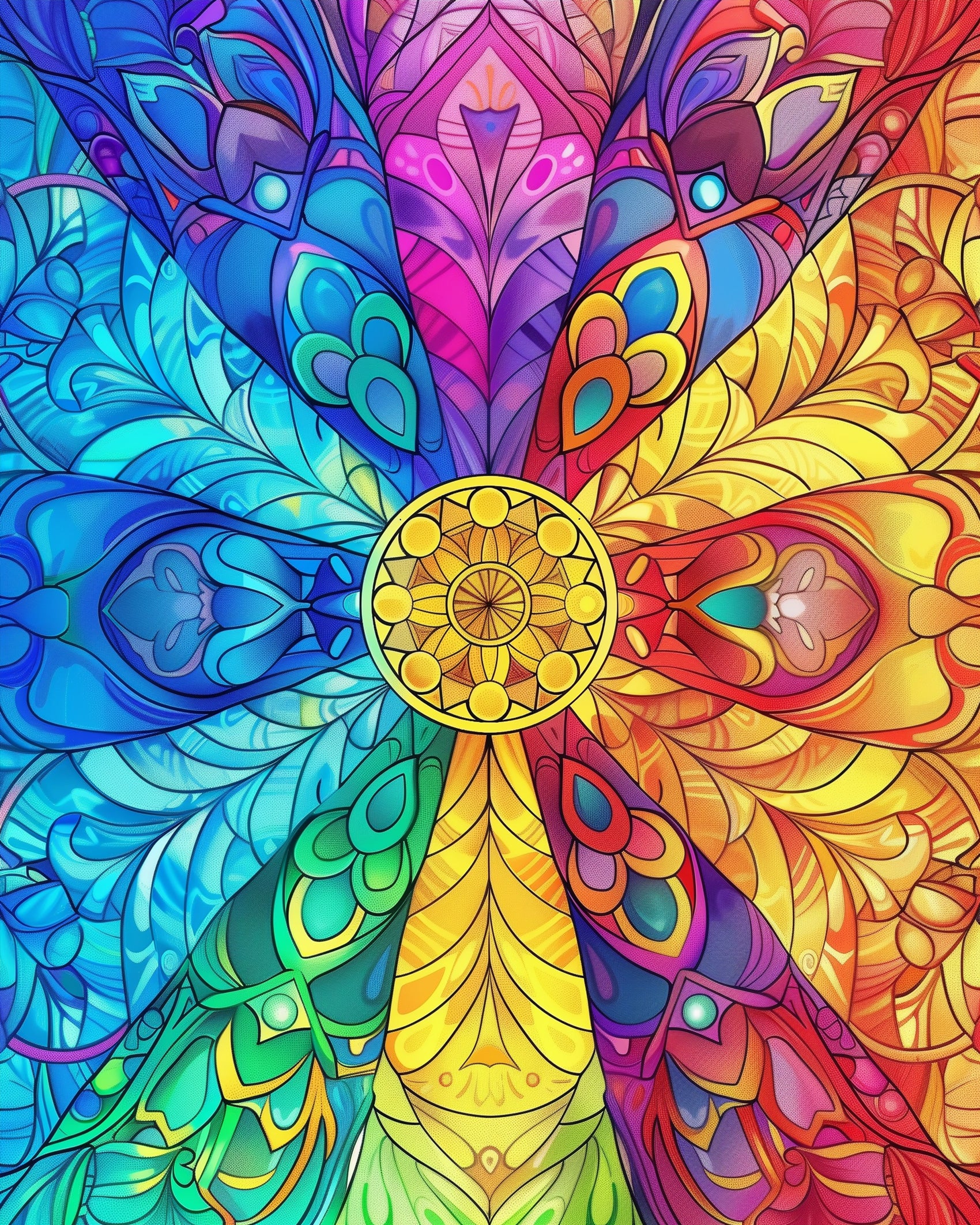 A vibrant Spectrum Mandala in an array of colors, showcasing intricate patterns for mindfulness and creativity by miicreative. Experience a burst of blues, reds, and yellows in this mesmerizing paint-by-numbers kit.