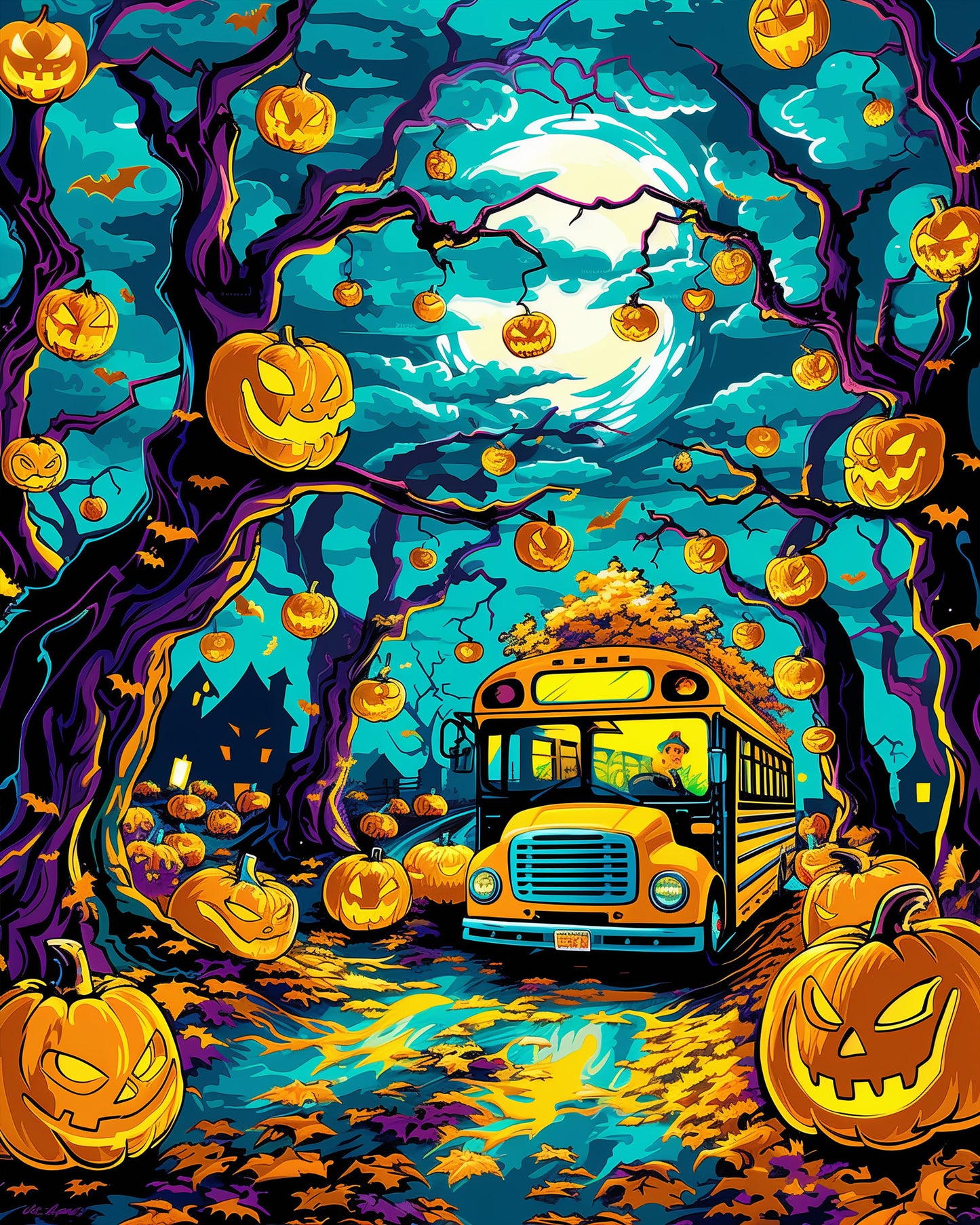 miicreative's Spooky Pumpkin School Bus - Halloween paint by numbers kit featuring a vibrant school bus surrounded by glowing pumpkins and eerie trees under a full moon. A creative and meditative art piece in bold yellows, oranges, and blues.