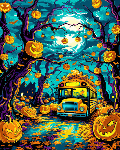 miicreative's Spooky Pumpkin School Bus - Halloween paint by numbers kit featuring a vibrant school bus surrounded by glowing pumpkins and eerie trees under a full moon. A creative and meditative art piece in bold yellows, oranges, and blues.