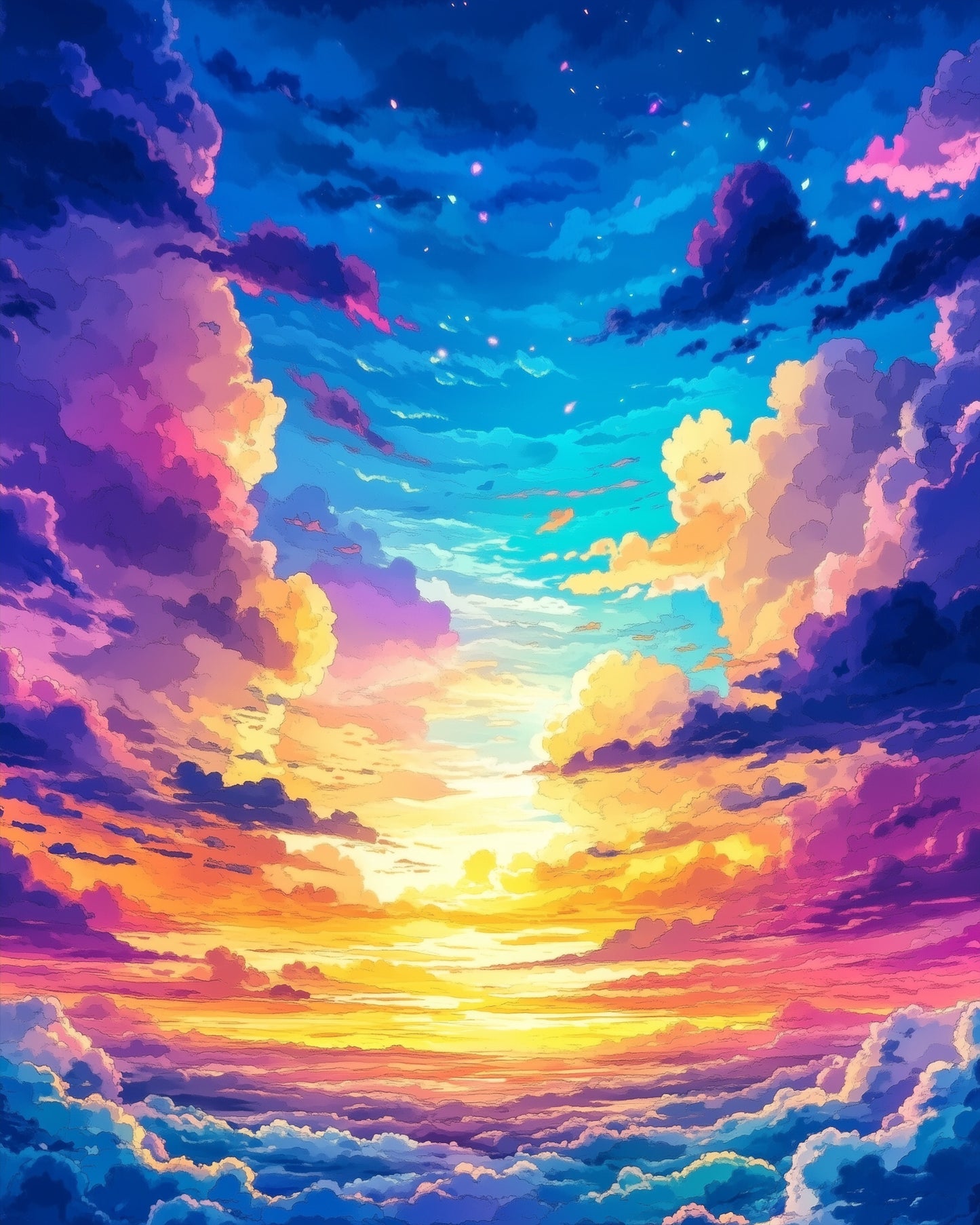 Miicreative's colorful cloudscape in vibrant hues, promoting relaxation and creativity. Paint by number focused on tranquility.