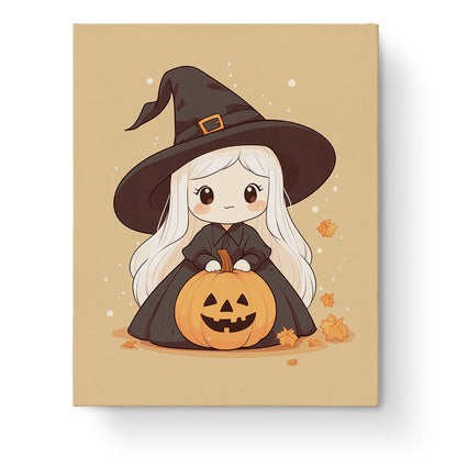 Adorable witch in a black hat holding a pumpkin, featuring miicreative's paint by numbers kit. Perfect for mindfulness and creativity, with warm autumn hues sparking joy.