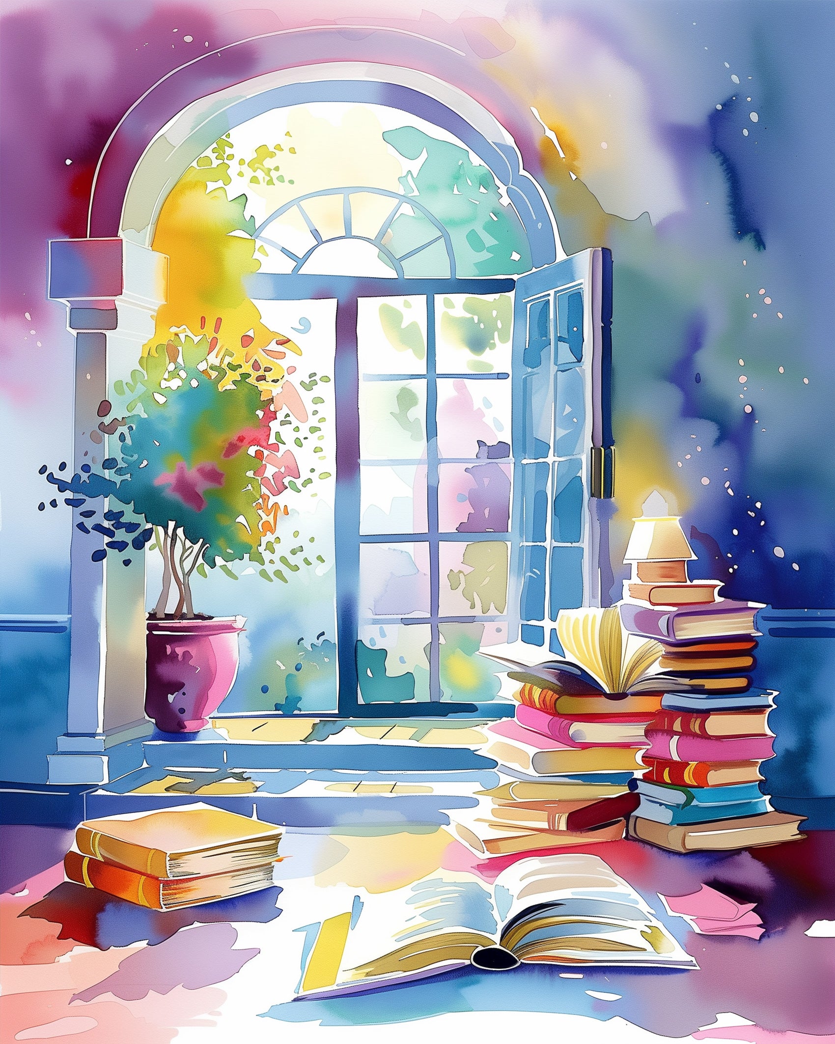 An inviting library scene with colorful books and open doors, titled 'Serene Library Escape - Bohemian Vibes'. Brought to life by miicreative, this kit emphasizes mindfulness and creativity with vibrant colors.
