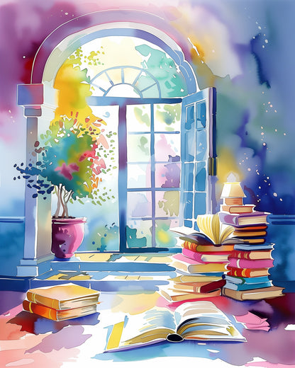 An inviting library scene with colorful books and open doors, titled 'Serene Library Escape - Bohemian Vibes'. Brought to life by miicreative, this kit emphasizes mindfulness and creativity with vibrant colors.