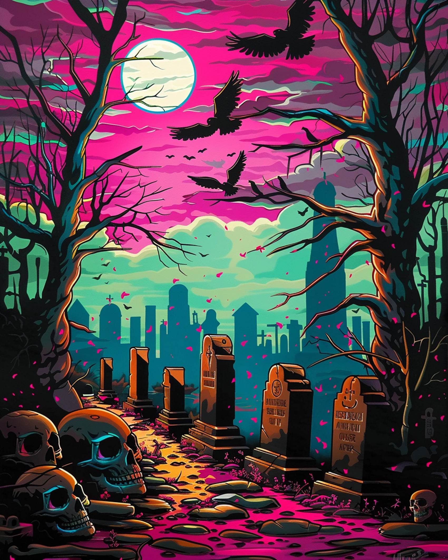 Creepy Moonlit Graveyard in vibrant colors with trees, skulls, and tombstones under a bright moon, featured in miicreative's paint by numbers fixed kit. Emphasizing creativity and mindfulness.