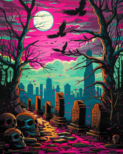 Creepy Moonlit Graveyard in vibrant colors with trees, skulls, and tombstones under a bright moon, featured in miicreative's paint by numbers fixed kit. Emphasizing creativity and mindfulness.