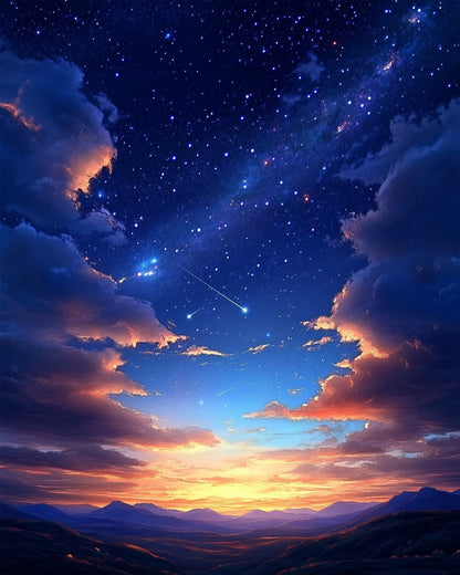 Starry night sky miicreative paint by numbers for stress relief. Beautiful colors and serene mountains evoke creativity and calm.