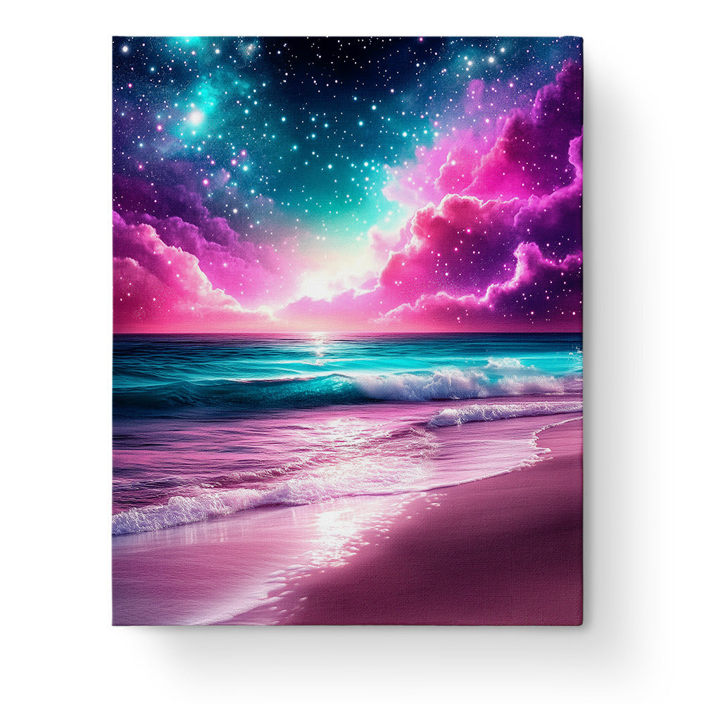 Cosmic Ocean Dreamscape by miicreative, capturing a tranquil night sky over a serene beach. Perfect for mindfulness and focus.