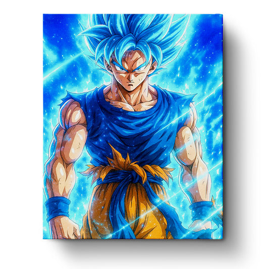 Super Saiyan Blue Goku from Dragon Ball, miicreative, powerful pose, vivid blue aura, embody mindfulness, paint by number kit.