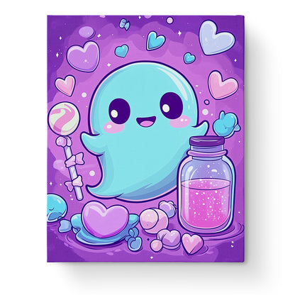 miicreative Cute Ghost Candy Parade paint by numbers kit featuring a cheerful blue ghost surrounded by colorful hearts and candy. A meditative and creative Halloween activity.